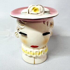 Irice Vintage Lady Head Vase Glamorous Mid Century Ceramic Gold Accents 4 1/2"